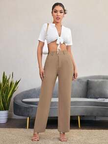 Pantalones de talle alto y corte sastre - Caqui 2 - Ver 3