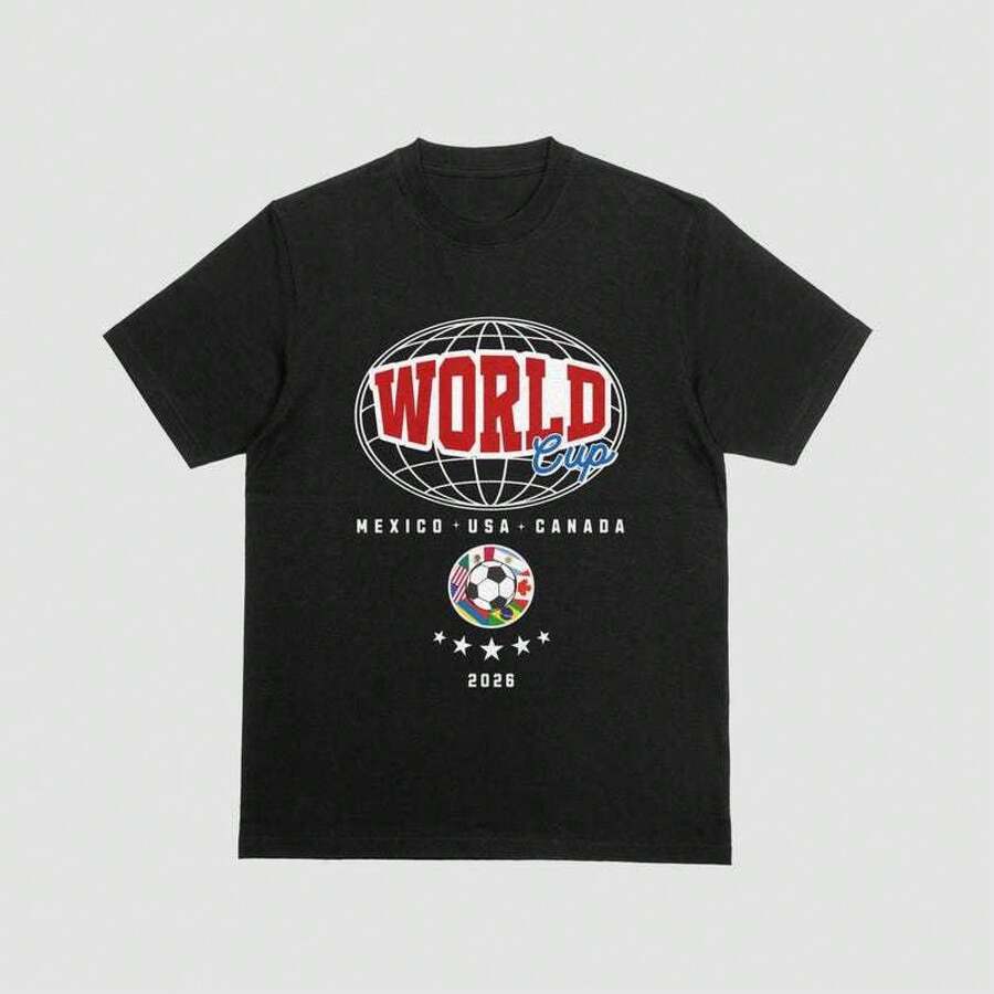 Sitio web independiente WORLD CUP2026 Copa del Mundo, nueva camiseta unisex de algodón puro, estilo casual, talla grande, cuello redondo y corte holgado. - Negro - Ver 1