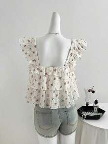 Blusa de mujer con patrón de cuadros arrugados, lunares negros, diseño suelto de mangas con volantes - Multicolor - Ver 2