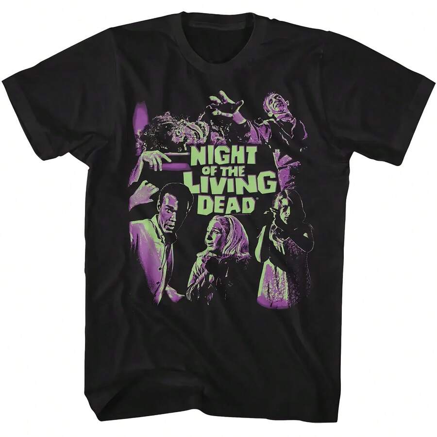 Camiseta de algodón de manga corta extragrande con estampado gráfico retro de la película Noche de los Vivos Muertos 1968, estilo clásico de zombis y terror, para fans. - forma - Ver 1