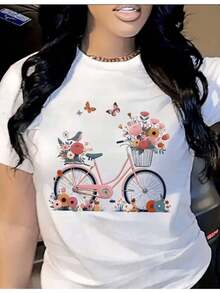 Camiseta de manga corta con cuello redondo para mujer, con estampado floral de bicicletas, suave y fluida, adecuada para uso diario, oficina, escuela, vacaciones, camping, de estilo versátil, que hace que tu verano sea más vibrante y colorido. - Blanco - Ver 1