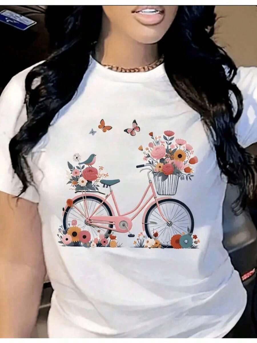 Camiseta de manga corta con cuello redondo para mujer, con estampado floral de bicicletas, suave y fluida, adecuada para uso diario, oficina, escuela, vacaciones, camping, de estilo versátil, que hace que tu verano sea más vibrante y colorido. - Blanco - Ver 1