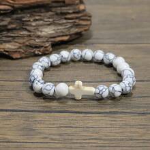 1pc 8MM Natural Stone & Artificial Crystal Bead Cross Charm Handmade Bracelet, Gift For Christian With Prayer Card - White - View 3