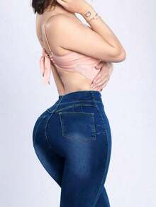 Jeans de talle alto, pantalones lápiz de ajuste ceñido para realzar la figura, adecuados para primavera y verano, vacaciones, festivales, vaquera, pantalones, salir, pantalones vaqueros de mujer, vaquera, jeans de mujer, casual con curvas - Azul - Ver 3
