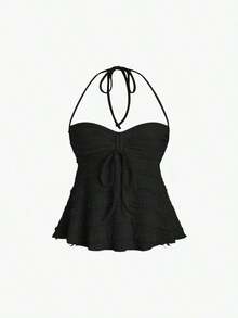 Top de tirantes con cuello halter y pliegues en Y2K - Negro - Ver 1