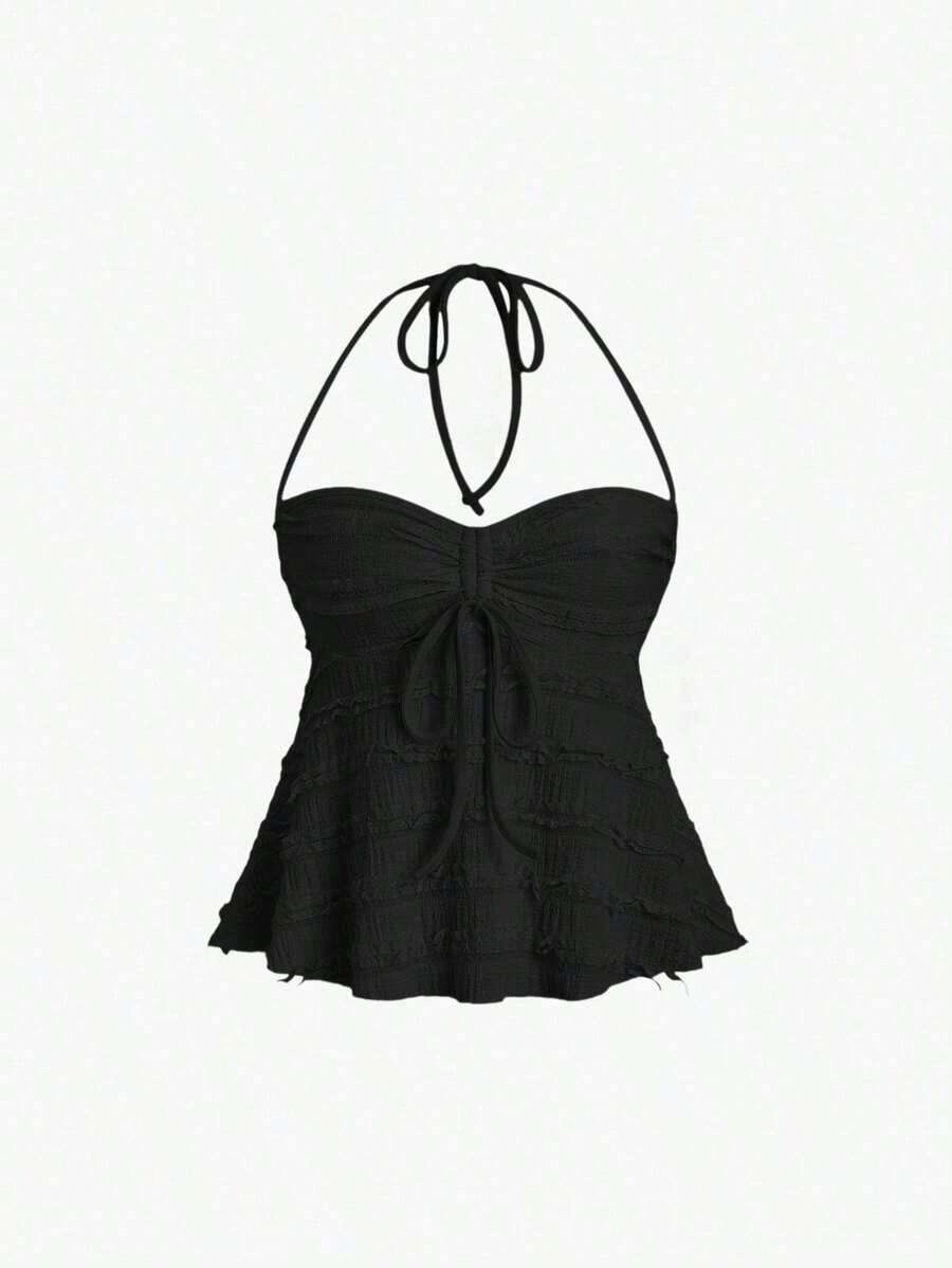 Top de tirantes con cuello halter y pliegues en Y2K - Negro - Ver 1