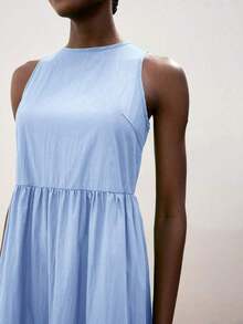 Vestido casual de vacaciones con diseño de volantes escalonados en verde jade, vestido cómodo con cuello redondo, división horizontal, parches y fruncidos, atuendo bohemio de playa, elegante vestido de estilo occidental para vacaciones de muje - Azul - Ver 4
