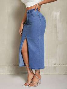 Minifalda de mezclilla ajustada y sexy con bolsillo diagonal y abertura alta en un solo color para mujer - Azul 2 - Ver 4