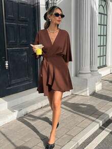 Vestido corto casual y de viaje con cuello en V y estampado de cuadros para mujer - Marrón 2 - Ver 5