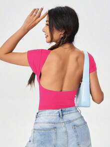 Camiseta casual de mujer de cuello de pico, manga corta y ajustada, versátil - Rosa Fucsia - Ver 2