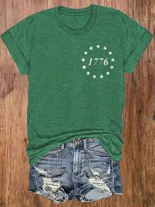 Women's Short-Sleeved Crew Neck T-Shirt, European And American Style, Lightweight And Breathable, With An American-Inspired Design Featuring 1776 Motifs And The National Flag, Suitable For Casual Autumn Wear, A Fashionable And Comfortable Printed Blouse, Versatile And Urban Style - Breathable And Skin-Friendly. - 深綠色 - 查看 3