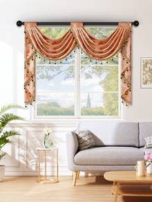 1pc Vintage Coin Jacquard Curtain With Delicate Pearl Trim And Hollow-Out Design, European Luxury Style Polyester Sheer Curtain, Suitable For Living Room And Bedroom Windows And Doors, Curtain Rod Not Included - Brown - View 12