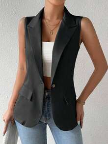 Chaleco Con Cuello De Solapa Para Mujer - Gris Oscuro - Ver 7