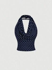 Blusa elegante de mujer con lunares y malla versátil, ideal para vacaciones de verano - Azul marino - Ver 3