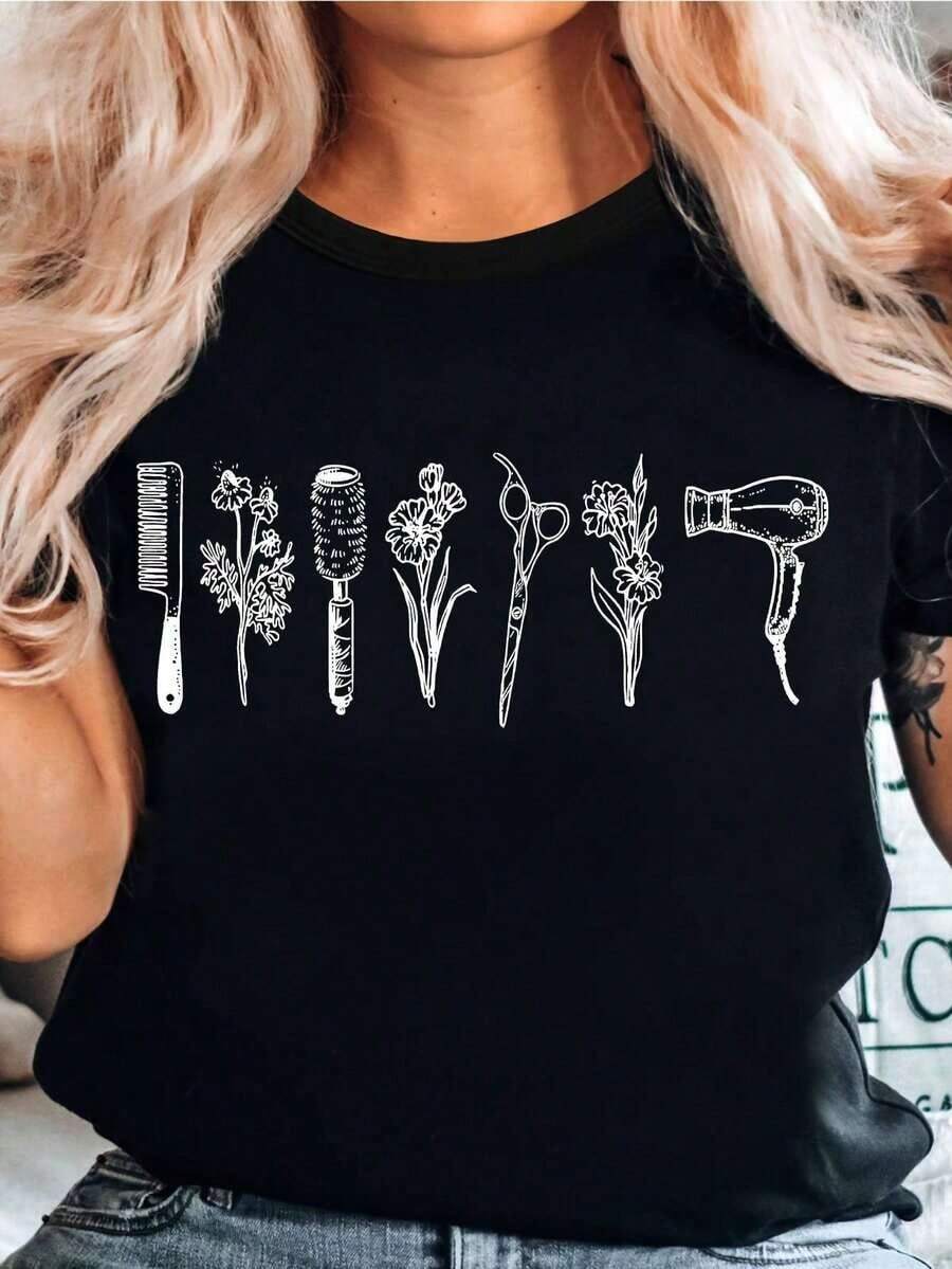 Minimalist T-Shirt For Women Hairdressers - Geometric Wildflower And Styling Tools Print, Breathable Summer Fabric, Machine Washable Crew Neck, Gift For Estheticians And Salon Groups, Stylist Supplies, Professional Beauty Apparel, Plus Size. Suitable For Spring, Summer And Autumn. - 黑色 - 查看 1