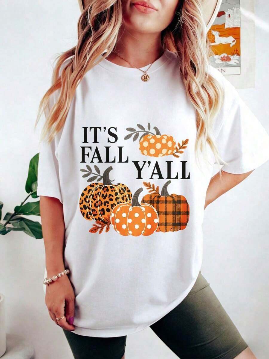 Camisetas de algodón casuales de manga corta para mujer con estampado gráfico divertido 'IT'S FALL Y'ALL' de calabaza, regalo para ella, conjuntos de verano para mujer, camisetas de talla grande, adecuadas para primavera, verano y otoño. - Blanco - Ver 1