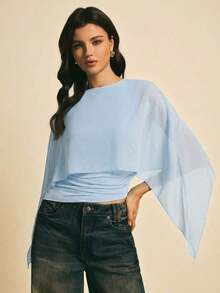 uello chal marrón para mujer, blusas elegantes para mujer, blusas casuales para mujer, apropiada para uso diario, salir, ir y venir en otoño/invierno, blusa de manga de murciélago, blusa marrón café, blusa marrón oscuro - Celeste - Ver 5