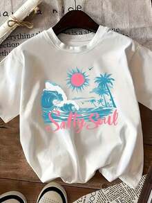 Camiseta de manga corta con estampado gráfico estilo vacaciones de verano en la playa, cuello redondo, top casual para verano y primavera, ropa de mujer clásica y sencilla, moderna y versátil, transpirable y cómoda. - Blanco - Ver 10