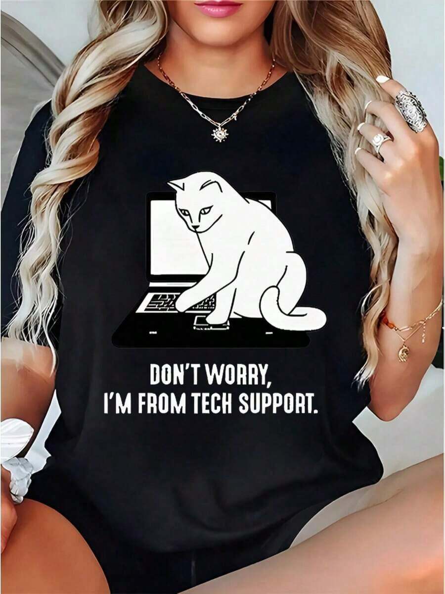 1 Piece Women's Botanical Print Cotton T-Shirt, Cool, Breathable, Natural Casual Style, Round Neck, Short Sleeve, Funny IT Cat Tech Support Print T-Shirt For Women - Soft, Loose, Casual, Everyday Wear, Short Sleeve, Machine Washable, Black T-Shirt With "Don't Worry, I'm Tech Support" Print - Perfect Gift For Programmers, Office Workers, And Cat Lovers, Comfortable Cat-Themed T-Shirt For Women, Ideal For Everyday Wear In Summer And On Vacation. - 黑色 - 查看 1