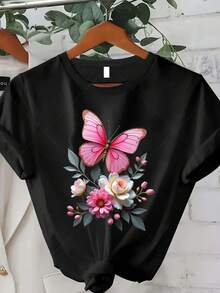 Ropa clásica de talla grande para mujer, camiseta con estampado de mariposas rosas - top casual de manga corta y cuello redondo, adecuada para primavera, verano y otoño, con patrones florales y de alas aleatorios, lavable a máquina, un hermoso regalo para Navidad, Acción de Gracias y Año Nuevo (Éxito de ). - Negro - Ver 7