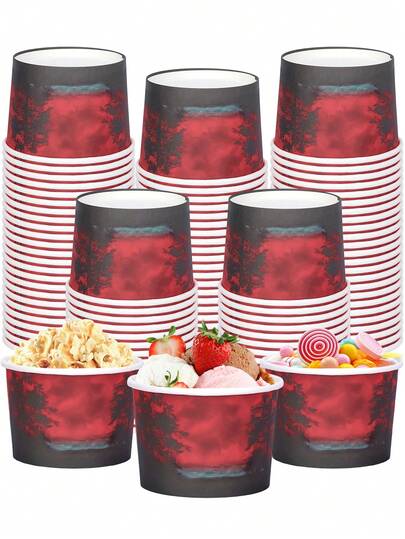 10 piezas/20 piezas/50 piezas Vasos de papel para helado con tema de , cielo rojo, 3.5" X 2.95" X 2.4" Tazones de postre con estampado de bosque de terror para helado, sundaes, aperitivos, Halloween, fiesta con tema de los 80, suministros de cumpleaños para hombres y mujeres