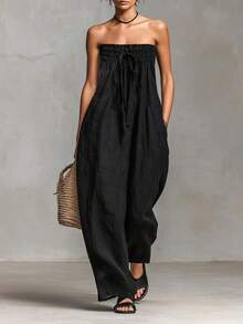 New Spring Collection Strapless Jumpsuit With Adjustable Ties Elegant Ruched Design Fashion European Style For Women - Black - View 4