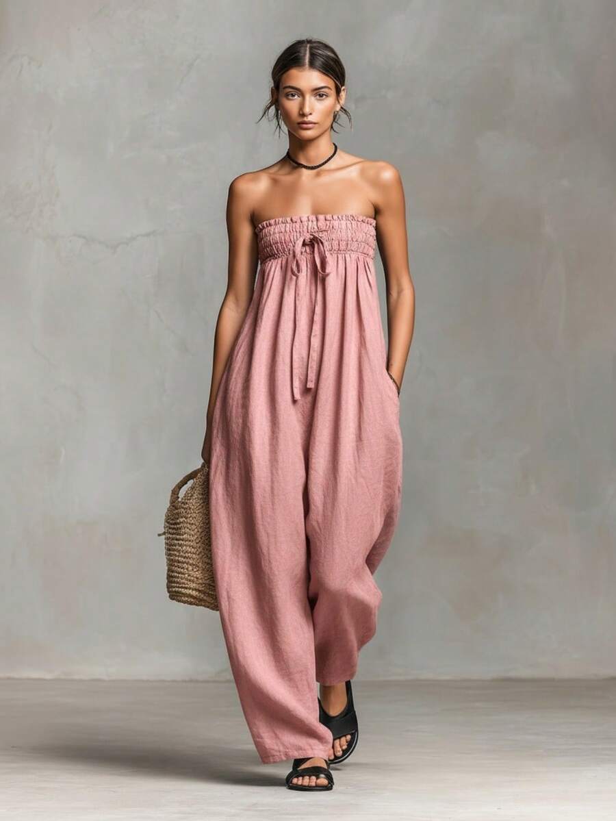 New Spring Collection Strapless Jumpsuit With Adjustable Ties Elegant Ruched Design Fashion European Style For Women - Pink - View 1
