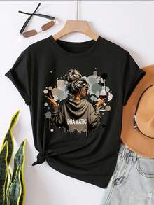 Camiseta de manga corta, holgada, versátil y casual, con estampado a la moda. - Negro - Ver 4