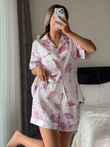 2pcs/Set Summer Pink Shell Pattern Lapel Short Sleeve Top And Shorts Women Pajama Set, Nautical Style, Vacation Style - White - View 5