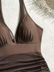 Swim Vcay Vestido de baño texturizado sin aros, negro sólido, para mujer, ideal para vacaciones de primavera, fiestas casuales de verano y playas - Marrón - Ver 4