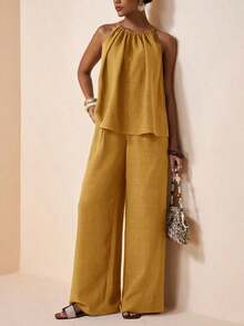 Conjunto de 2 piezas de top holgado con cuello de halter y pliegues + pantalones anchos con pliegues y bolsillos reales, de tela con textura de bambú, color marrón oscuro. Conjunto de primavera/verano, conjunto de fiesta, conjunto para ir al trabajo, conjunto elegante, conjunto casual, conjunto de vacaciones para mujer. - Amarillo - Ver 7