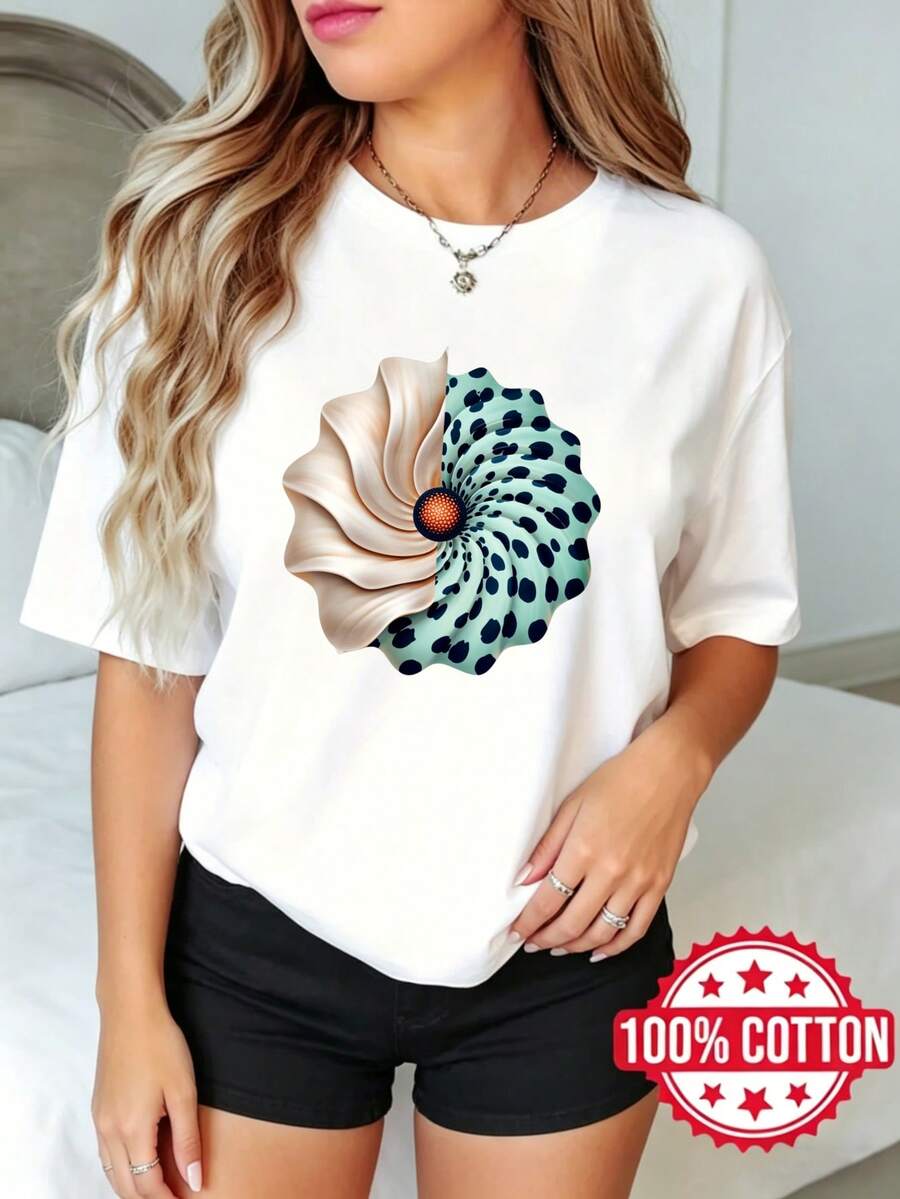 Camiseta de manga corta con cuello redondo y estampado para mujer, verano, casual Diseño de Estampado en Espiral Floral S-3XL 100% aodón material