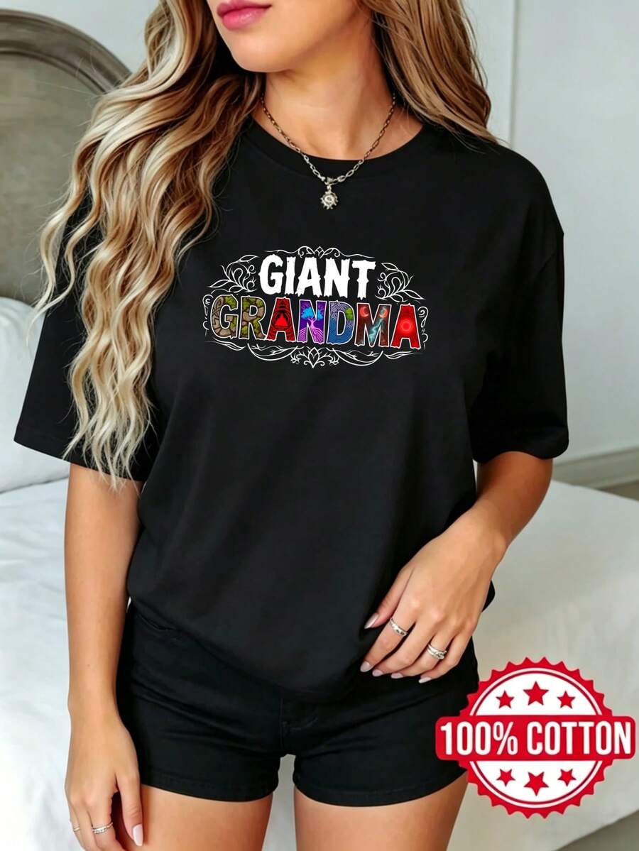 Camiseta negra de manga corta, cuello redondo y estampado para mujer de verano Diseño de arcoíris de la abuela gigante S-3XL moda 100% aodón material
