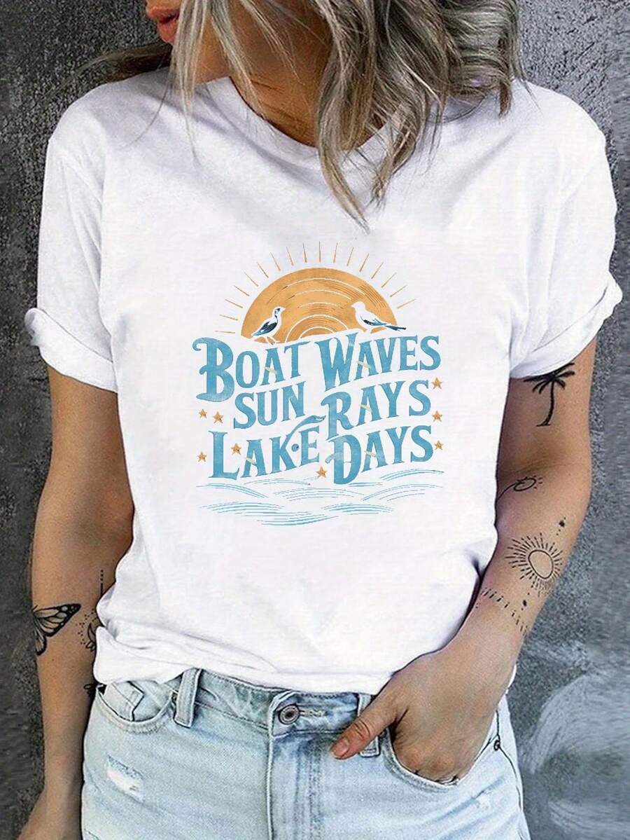 Barco lago camiseta cómoda para mujer - Blanco - Ver 1