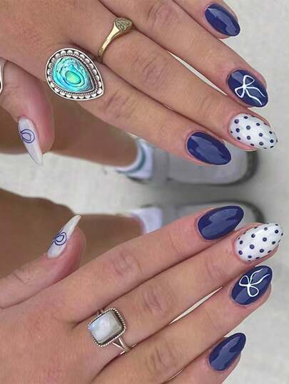 24pcs/Set Medium Oval Press-On Nails, Minimalist Style With Retro Navy Blue Polka Dot Bow Pattern Design, Suitable For Girls And Women To Wear For Daily Dates And Parties