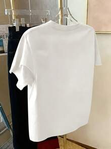 Camiseta de Mujer con Estampado, Sencilla y Elegante, de Corte Holgado, Cuello Redondo, Versátil, Casual, de Manga Corta para Primavera/Verano - Blanco - Ver 2