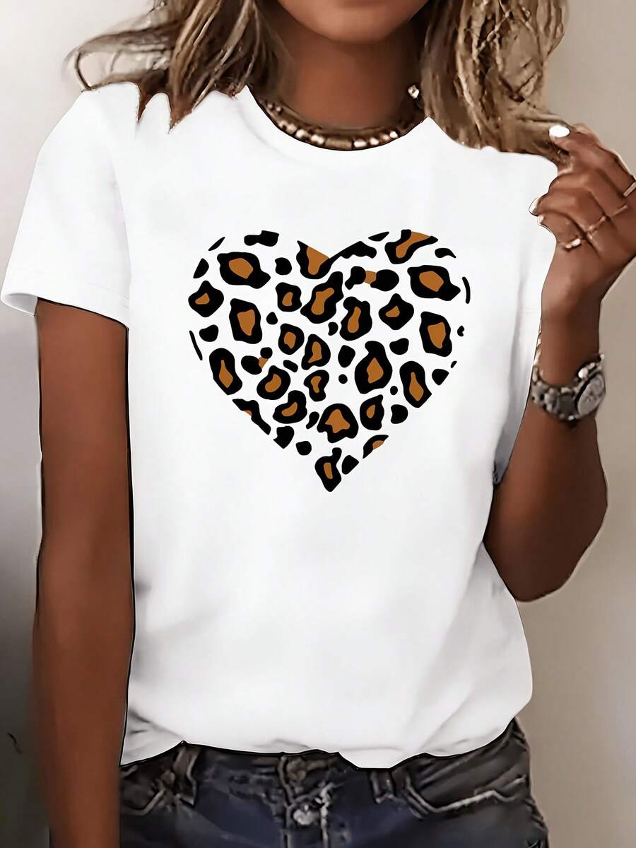 Camiseta de Mujer con Estampado de Leopardo Turquesa y Corazón - Cuello Redondo Elegante, Manga Corta para Primavera/Verano, Poliéster Transpirable, Lavable a Máquina, Camiseta Casual Relajada, Textura Suave