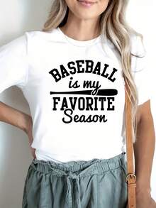 Camiseta Casual Minimalista Moderna para Mujer con Estampado de Letras de Béisbol - Manga Corta, Top de Moda Primavera/Verano para uso diario informal. - Blanco - Ver 1