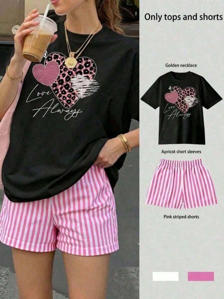 Women's Summer Clothing Set, Including A Short-Sleeved T-Shirt With A Heart Print And The Phrase "Love Always" Along With An Animal Design, Suitable For Everyday Wear, Casual Occasions, And Beach Vacations. Leisure - 黑色 - 查看 1
