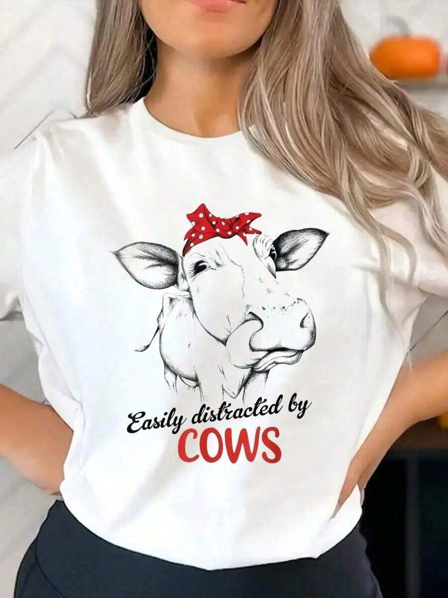 ropa de mujer Camiseta de manga corta blanca con cuello redondo, estampado de lunares rojos, estilo casual y sencillo, con estampado de vacas que llama la atención, ideal para el verano, regalos, tops de moda para uso diario, adecuada para vacaciones, camisetas gráficas, camisas de mujer - Blanco - Ver 1