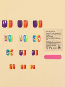 Back To School Press On Nails - Cute Rainbow Ombre Short Square Fake Nails With Pencil & Ruler Print, Colorful Gradient Acrylic False Nails For Students, Teachers, Daily Wear 24Pcs - Multicolor - View 4