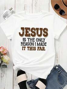 Camiseta de Cuello Redondo para Mujer con Estampado 'Jesús Es La Única Razón Por La Que Llegué Hasta Aquí', Manga Corta, Ropa Casual para Uso Diario, Iglesia y Atuendos Religiosos - Blanco - Ver 3