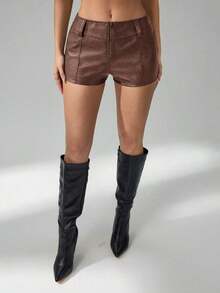 Shorts Casuales de Color Sólido con Cierre Frontal para Mujeres Altas, Micro Shorts - Marrón Mocha - Ver 8