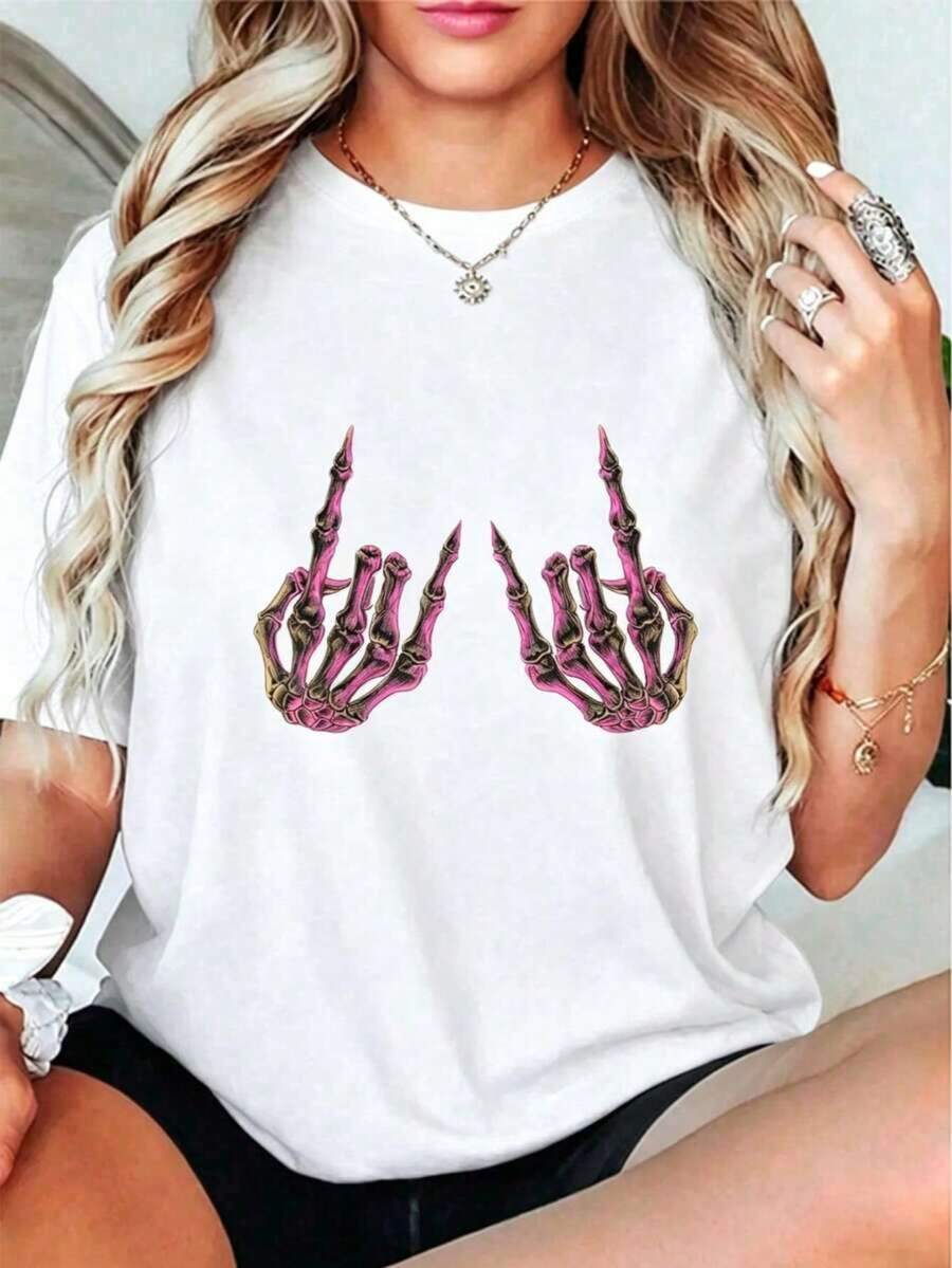 Camiseta gráfica de corte holgado con estampado de gesto de mano de esqueleto, ropa urbana grunge de estética Y2K para mujer, top casual de algodón para el verano para amantes de la moda atrevida, camiseta estilo punk rock para uso diario y salidas, diseño único para hombre y mujer. KQ1E - Blanco - Ver 1
