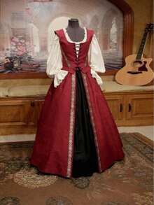 Medieval Renaissance Style, Two-Piece Dress With Square Neckline And Waistband, Vintage Women's Ball Gown - Blue - View 7