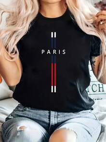 Camiseta de Mujer con Estampado "Paris Legend" - Rayas Geométricas Azul Rey con el llamativo estampado "PARIS", cuello redondo elástico, manga corta, adecuada para uso casual al aire libre, a la moda para primavera, verano y otoño. - Negro - Ver 7