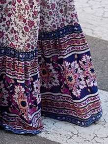 Falda larga elegante con estampado floral pequeño para mujer EARO, hecha de tela sin estiramiento, con caída fluida y estampado de moda, adecuada para uso casual diario y vacaciones - Morado - Ver 5