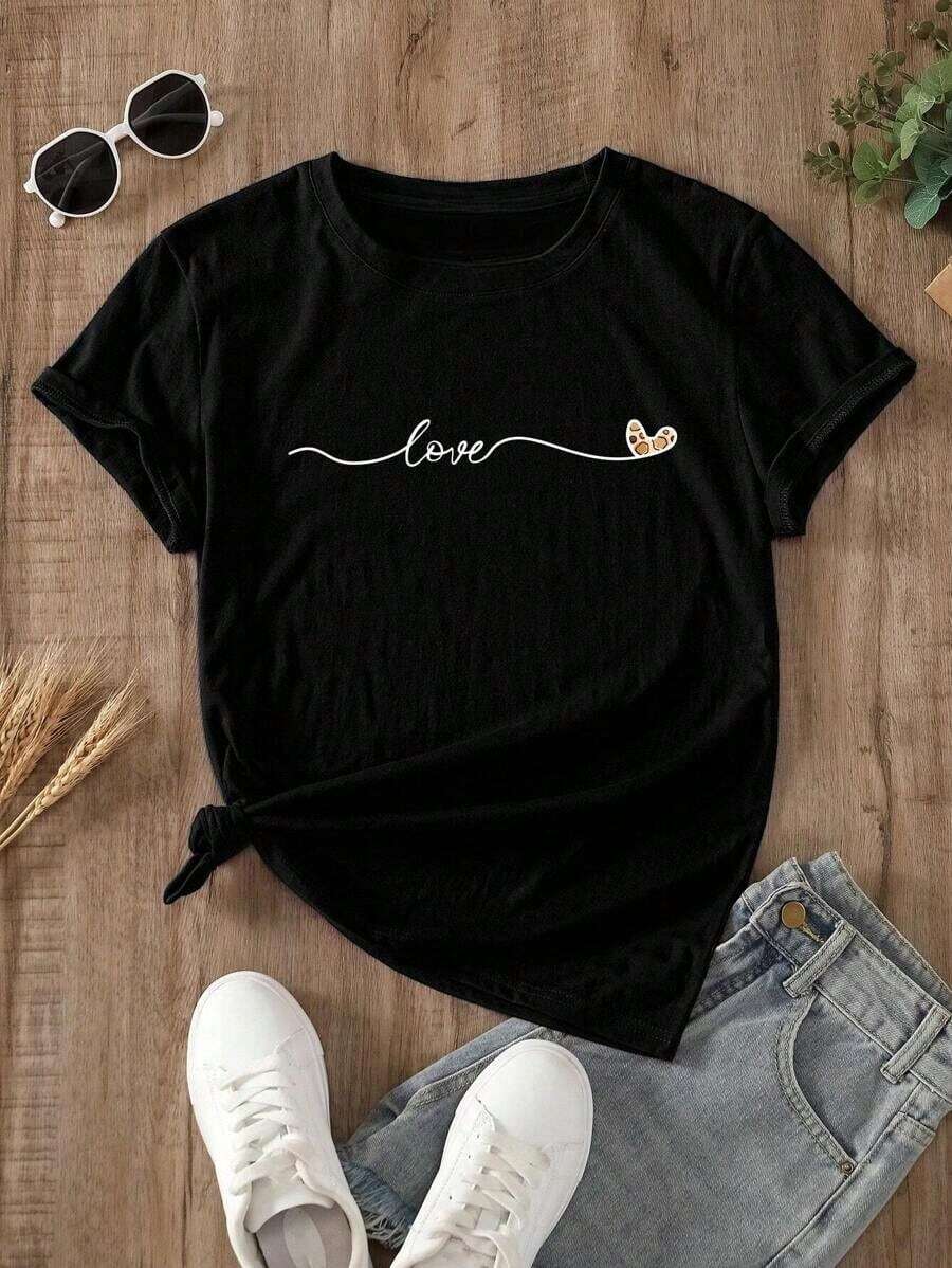 Solt Camiseta gráfica con diseño de corazón y letra para mujer graphic - Negro 2 - Ver 1