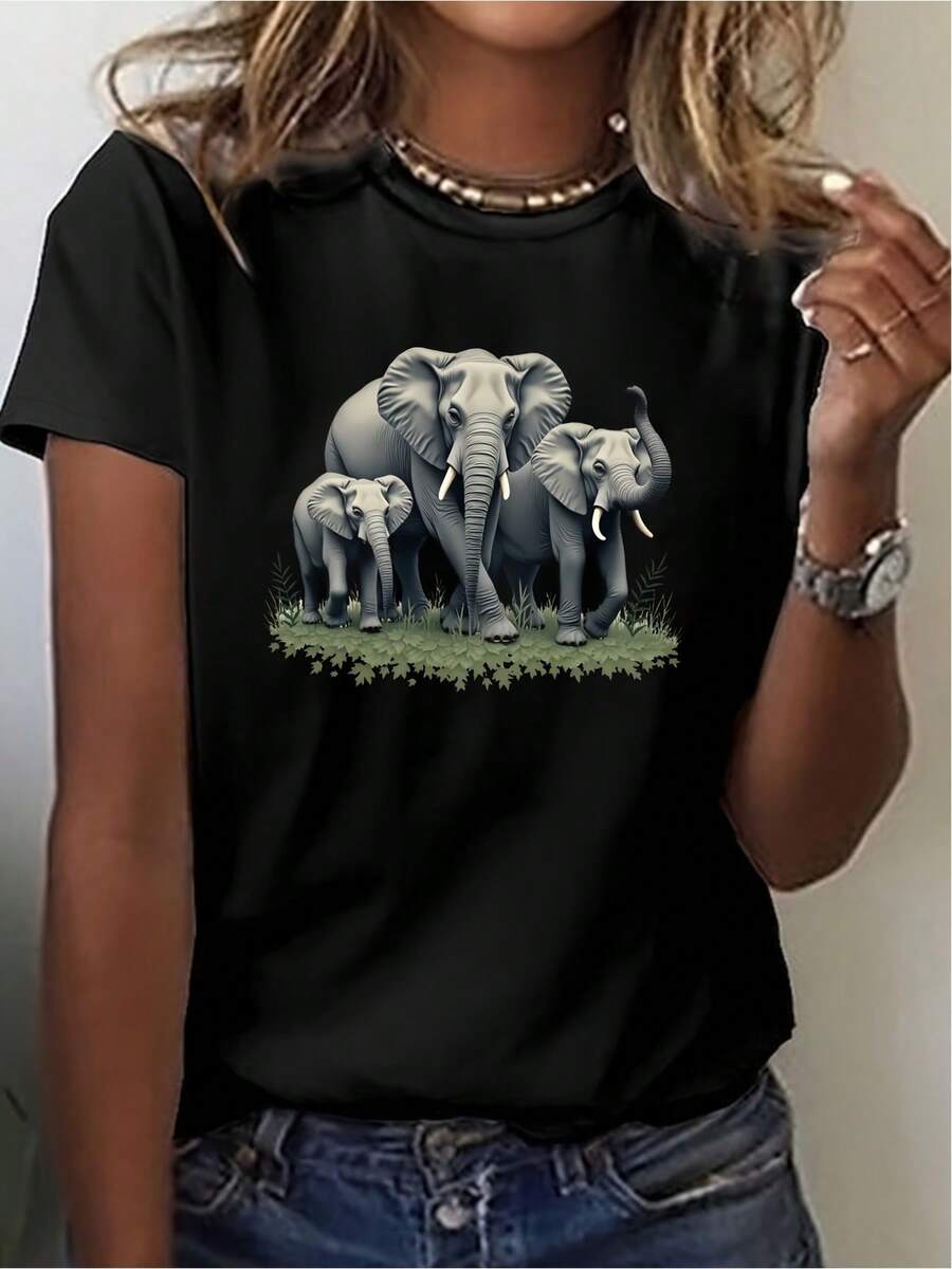 Women's T-Shirt With Realistic Elephant And Green Print - Soft And Breathable Short-Sleeved Casual Top With Round Neck, Regular Fit, Machine Washable All Seasons, Elephant Gift, Non-See-Through Fabric - 黑色 - 查看 1