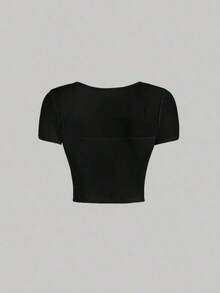 Camiseta casual de mujer con bordado de encaje transparente, adecuada para citas y viajes - Negro - Ver 2